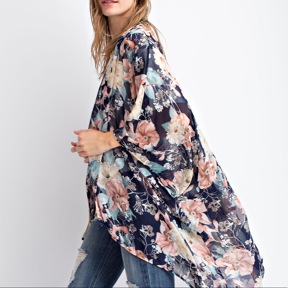 Navy floral kimono style cardigan - Picture 2 of 7